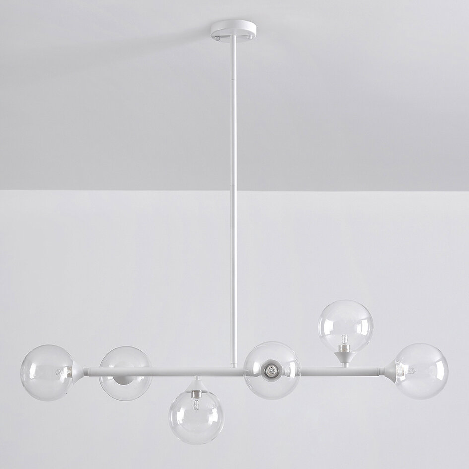 Pendellampa Aster med sex lampor - vit ram med transparenta glaskulor