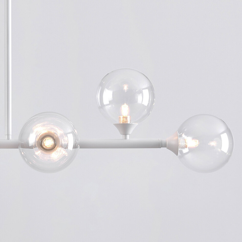 Pendellampa Aster med sex lampor - vit ram med transparenta glaskulor