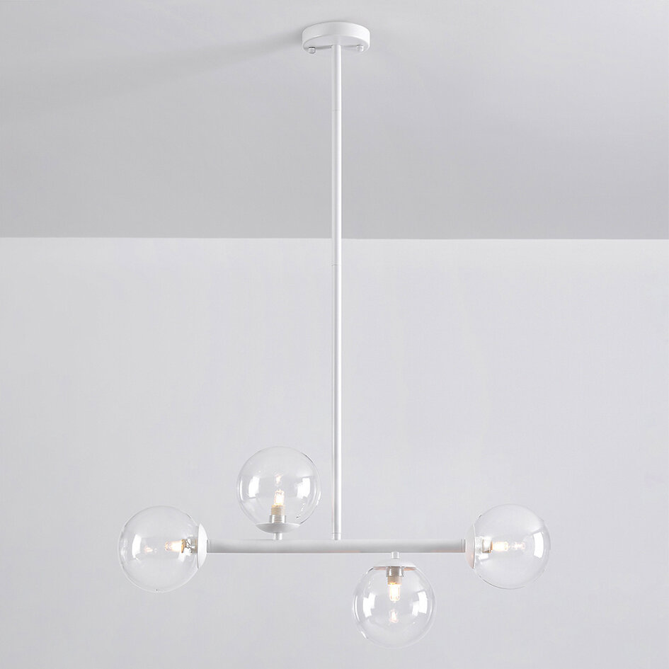 Pendellampa Asun med fyra lampor - vit ram med transparenta glaskulor