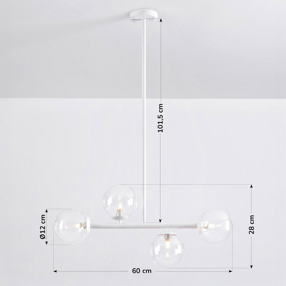 Pendellampa Asun med fyra lampor - vit ram med transparenta glaskulor