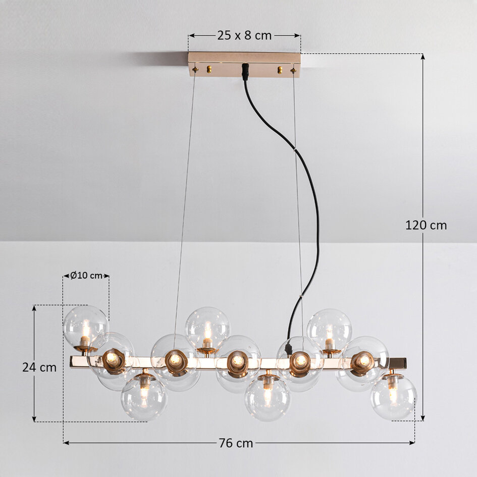 Pendellampa Sunita med sexton lampor - transparent glas med guld