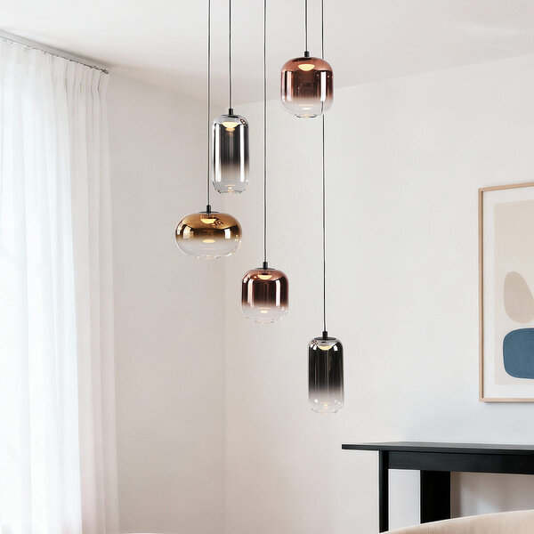 3-stegs dimbar taklampa Kafei med LED och glaskupor i guld, smoke och koppar