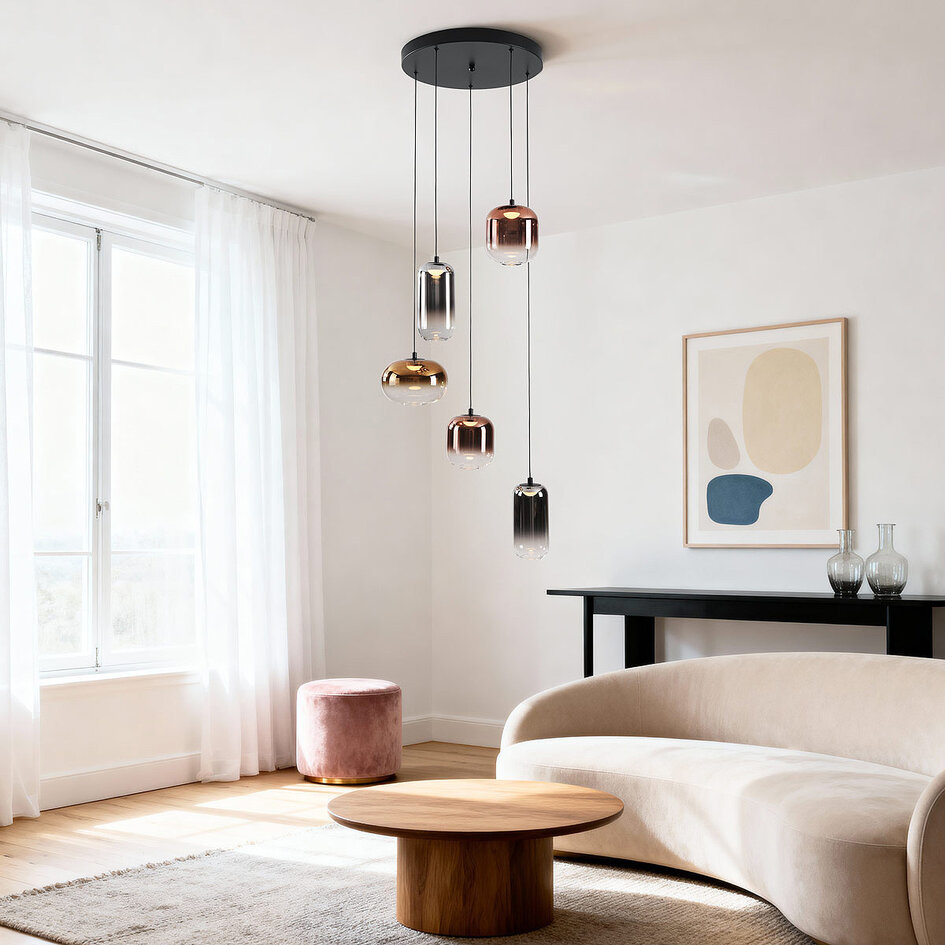 3-stegs dimbar taklampa Kafei med LED och glaskupor i guld, smoke och koppar