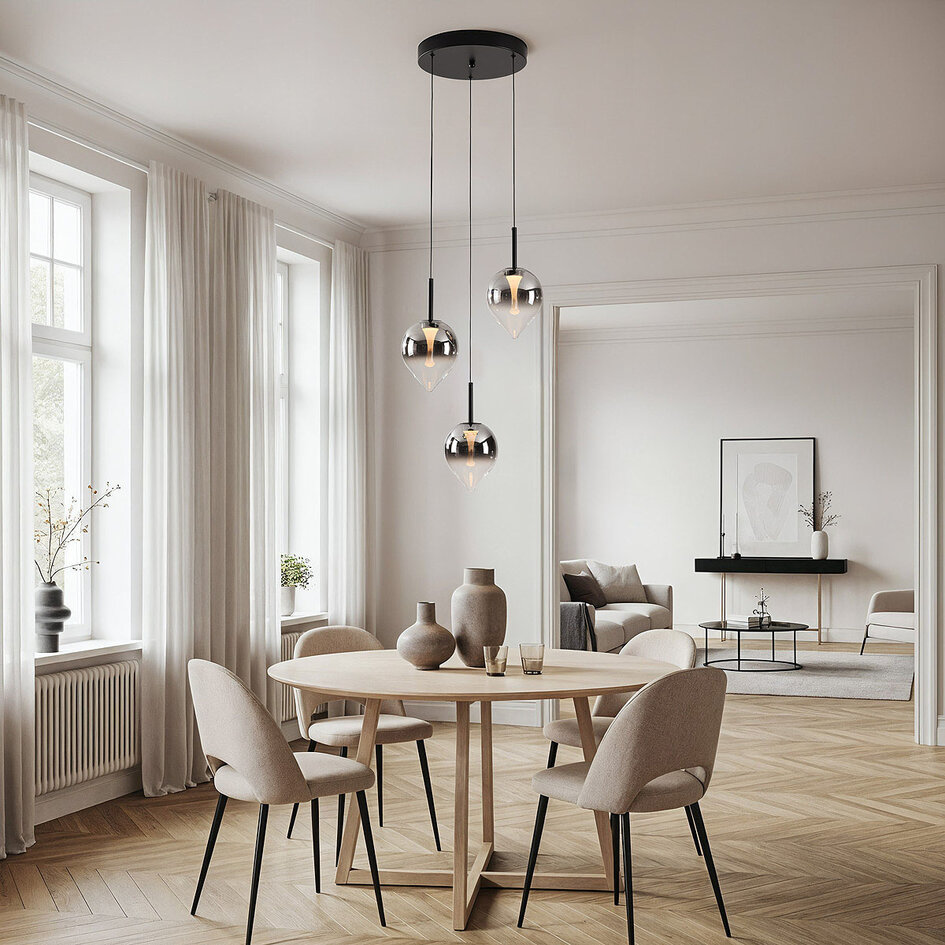 Pendellampa Drop med tre lampor, rökfärgat glas och integrerad LED, 3-stegs dimbar