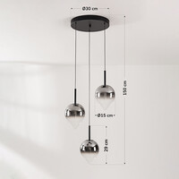 Pendellampa Drop med tre lampor, rökfärgat glas och integrerad LED, 3-stegs dimbar
