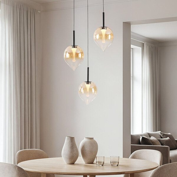 Modern taklampa Drop med bärnstensfärgat glas och integrerad LED, 3-stegs dimbar