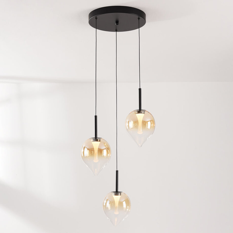Modern pendellampa Drop med amberfärgat glas och integrerad LED, 3-stegs dimbar