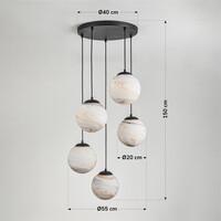Modern pendellampa Marbelle med fem lampor i svart med glas i marmorutseende
