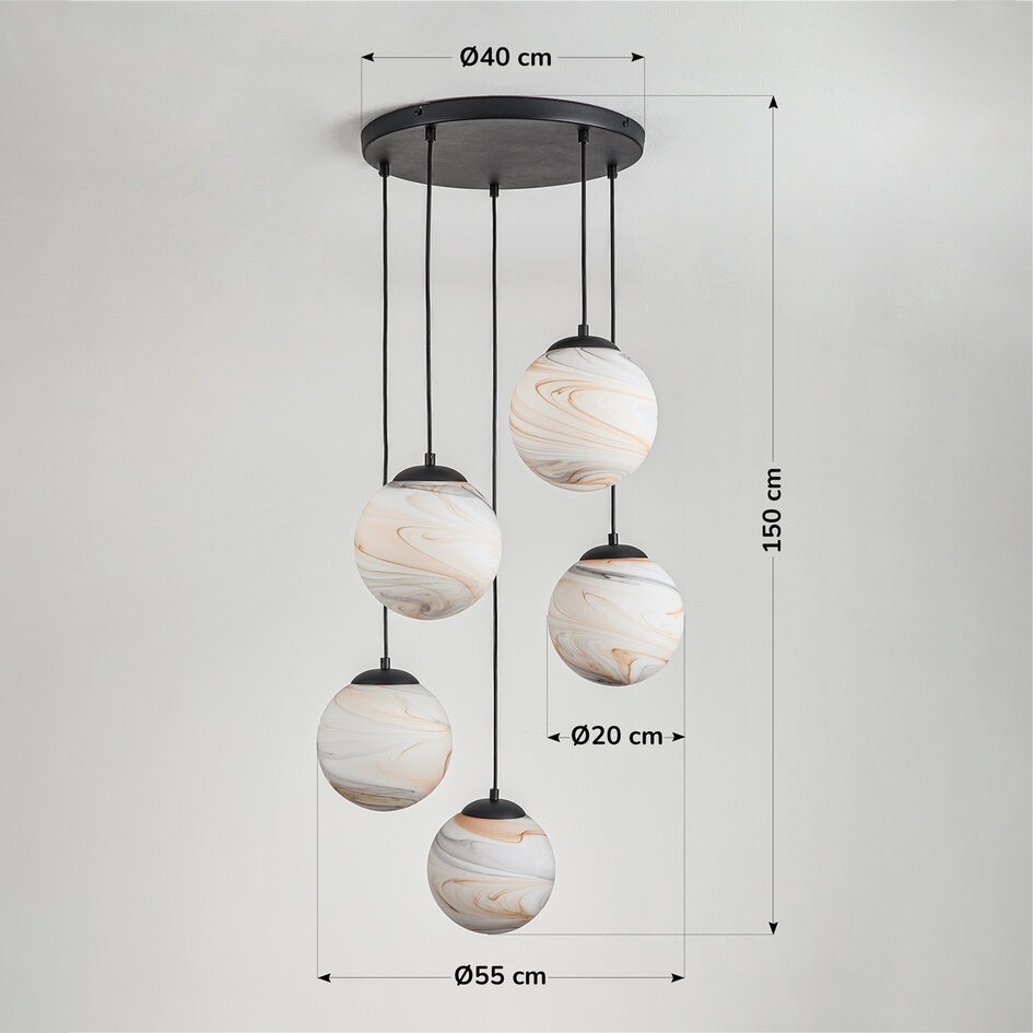 Modern pendellampa Marbelle med fem lampor i svart med glas i marmorutseende
