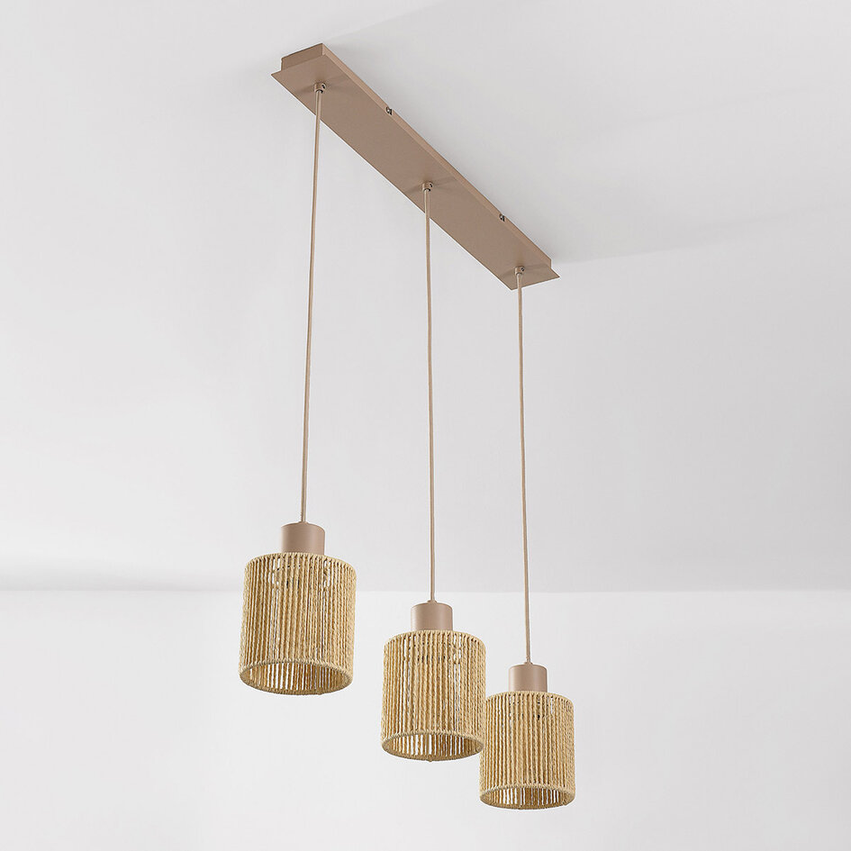 Pendellampa Carrizo med tre lampor - beige med vävt rep