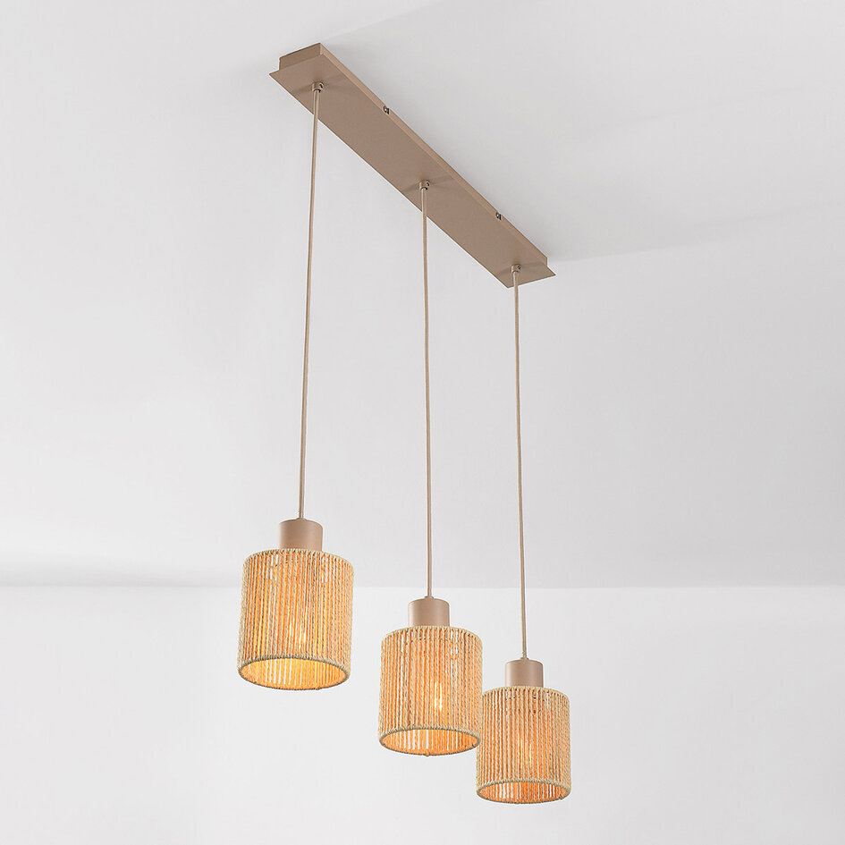 Pendellampa Carrizo med tre lampor - beige med vävt rep