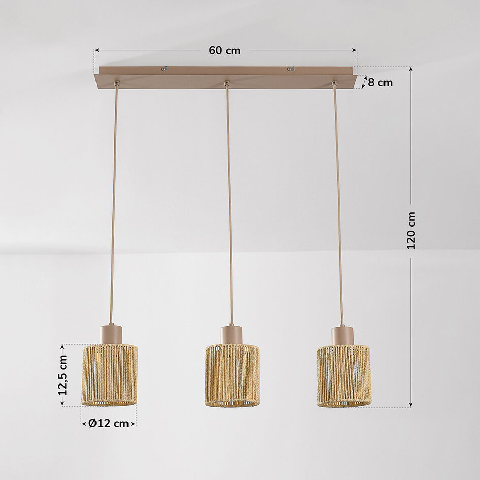 3-ljus taklampa Carrizo i beige med vävt pappersrep