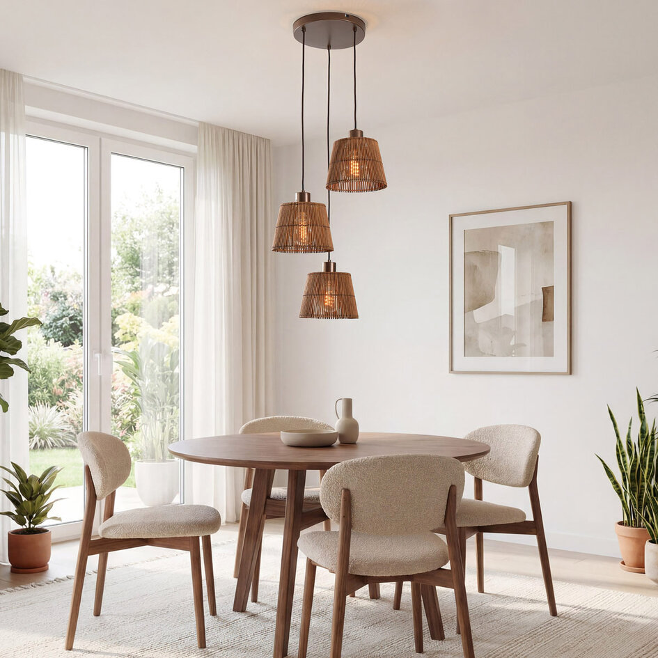 Design taklampa Tami 3-ljus med naturlig bambu och varm brons