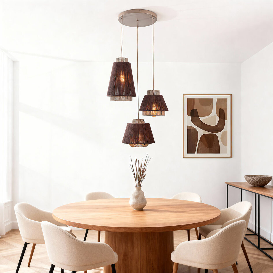 Boho-pendellampa Yra - bomullsrep i taupe och mörkbrunt