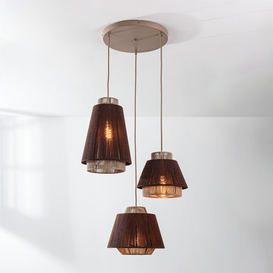 Boho-pendellampa Yra - bomullsrep i taupe och mörkbrunt