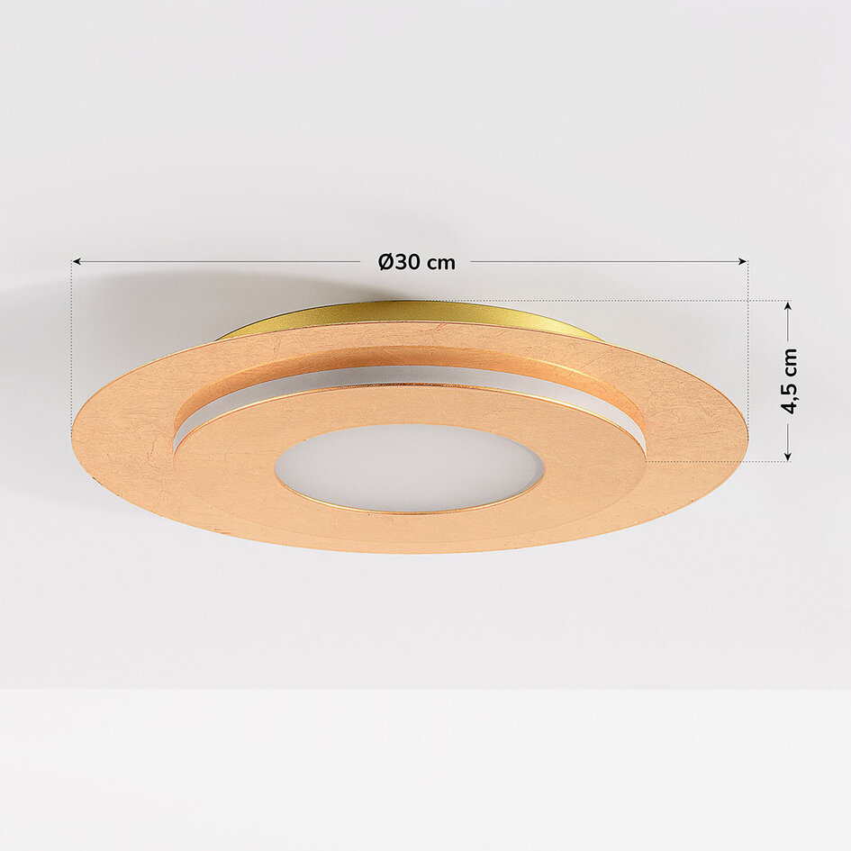 Taklampa Cercyl Ø30 cm med bladguldseffekt och 3-stegs dimbara LED