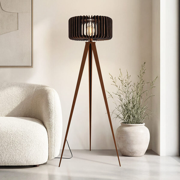 Golvlampa Oakly på stativ med träskärm - valnötslook