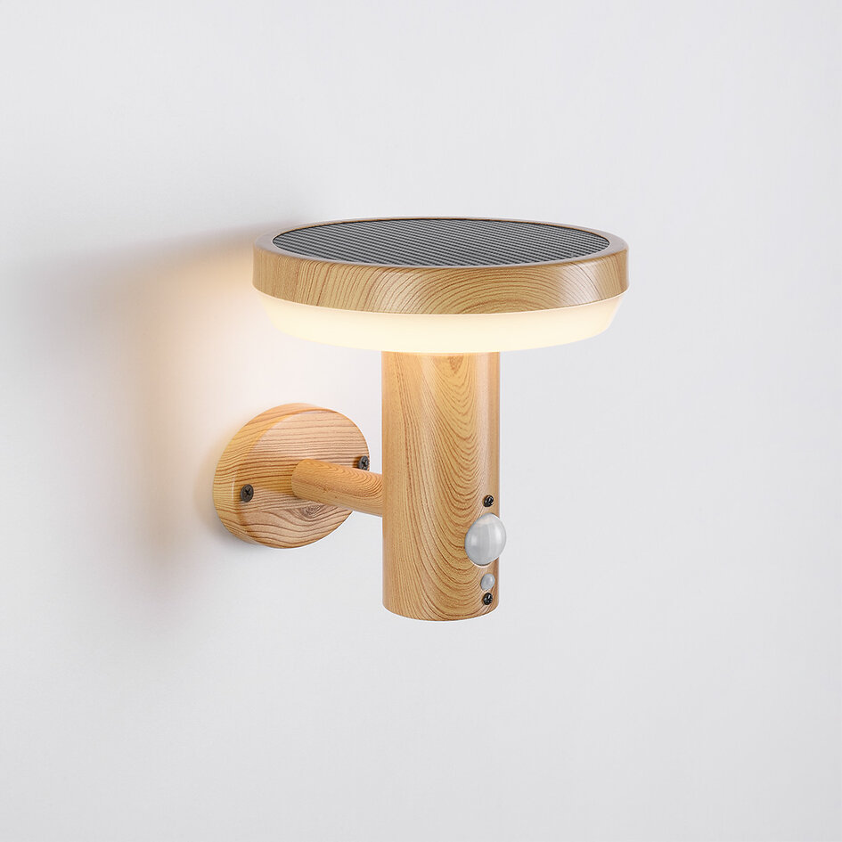 Solcellsdriven utomhusvägglampa Dimmy med sensor - träutseende