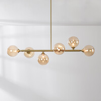 Pendellampa Aster med sex lampor - guld med amberfärgade glaskulor