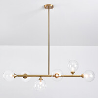 Pendellampa Aster med sex lampor - guld med transparenta glaskulor