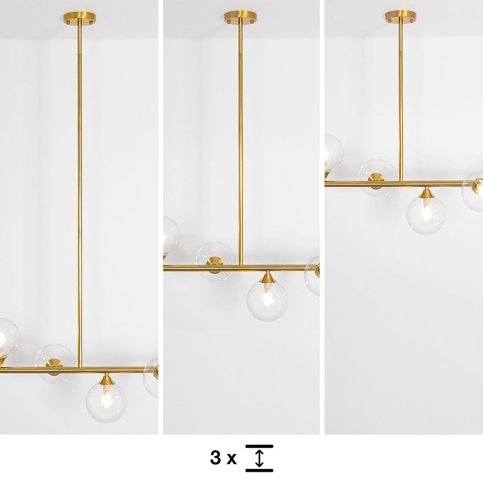 Pendellampa Aster med sex lampor - guld med transparenta glaskulor