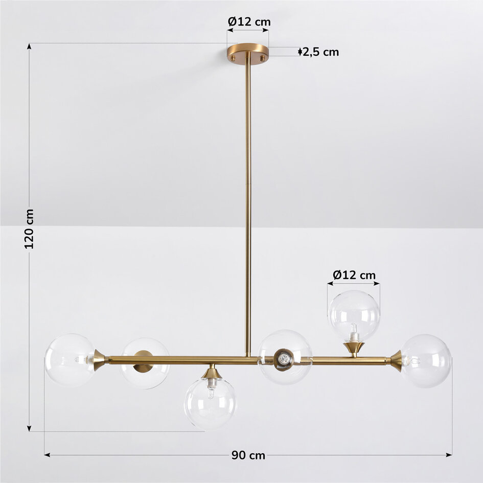 Pendellampa Aster med sex lampor - guld med transparenta glaskulor