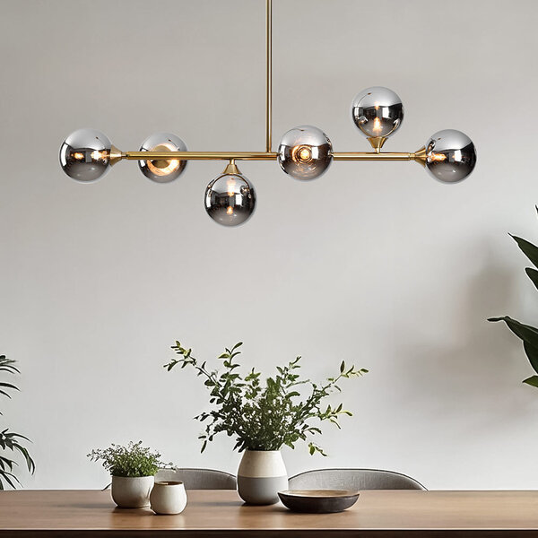 Pendellampa Aster med sex lampor - guld med rökfärgat glas och spegeleffekt