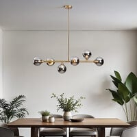 Pendellampa Aster med sex lampor - guld med rökfärgat glas och spegeleffekt