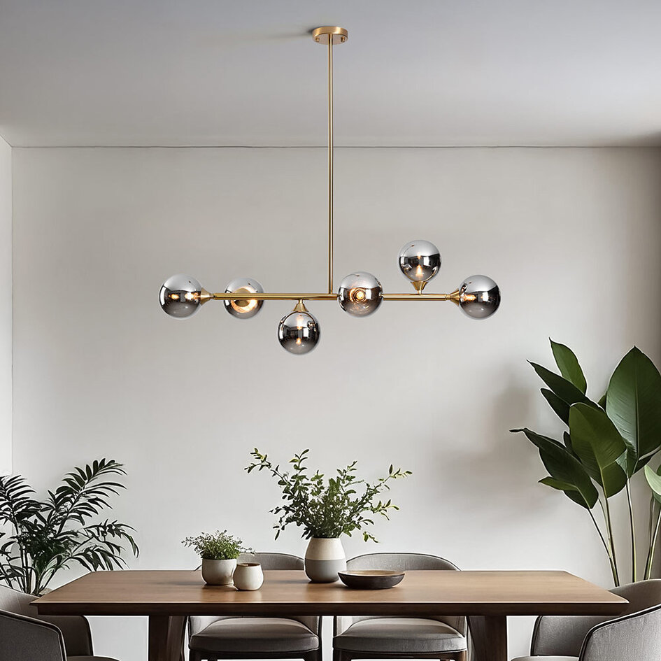 Pendellampa Aster med sex lampor - guld med rökfärgat glas och spegeleffekt