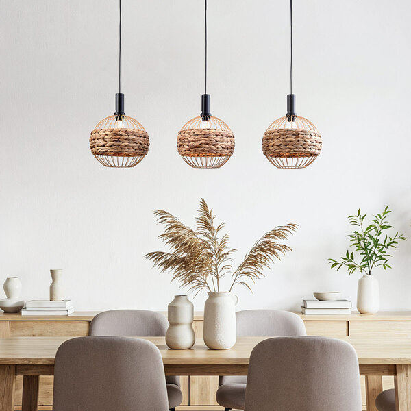 Boho-pendellampa Aiko med tre lampor - flätat sjögräs med öppen ram