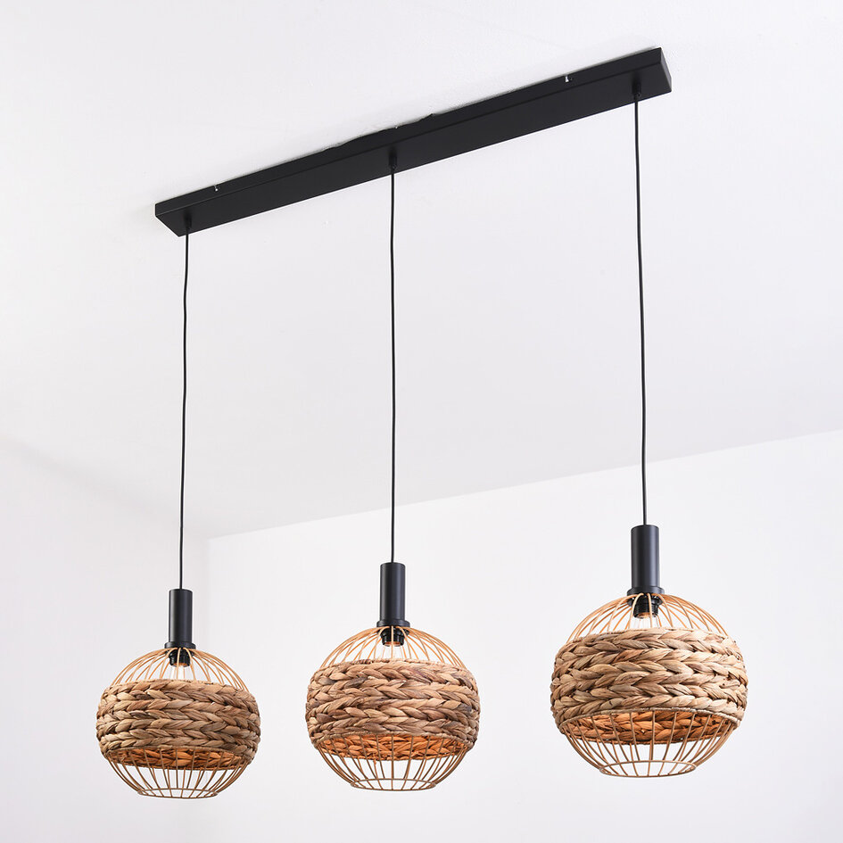 Boho-pendellampa Aiko med tre lampor - flätat sjögräs med öppen ram