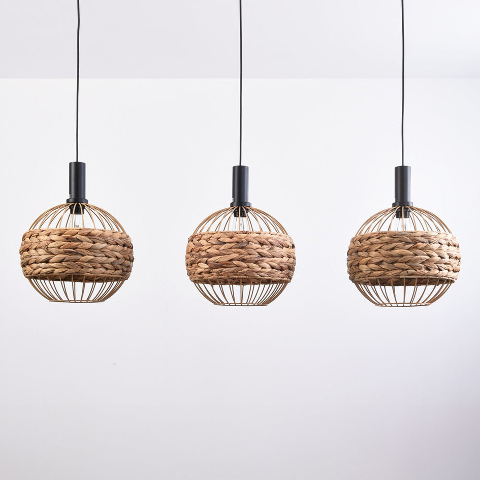 Boho-pendellampa Aiko med tre lampor - flätat sjögräs med öppen ram