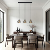 3-stegs dimbar pendellampa Gujo med tre lampor - rökfärgat glas och svart