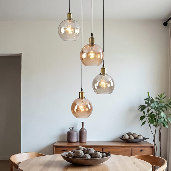 Pendellampa Livia med fyra lampor - amberfärgat och konjaksfärgat glas