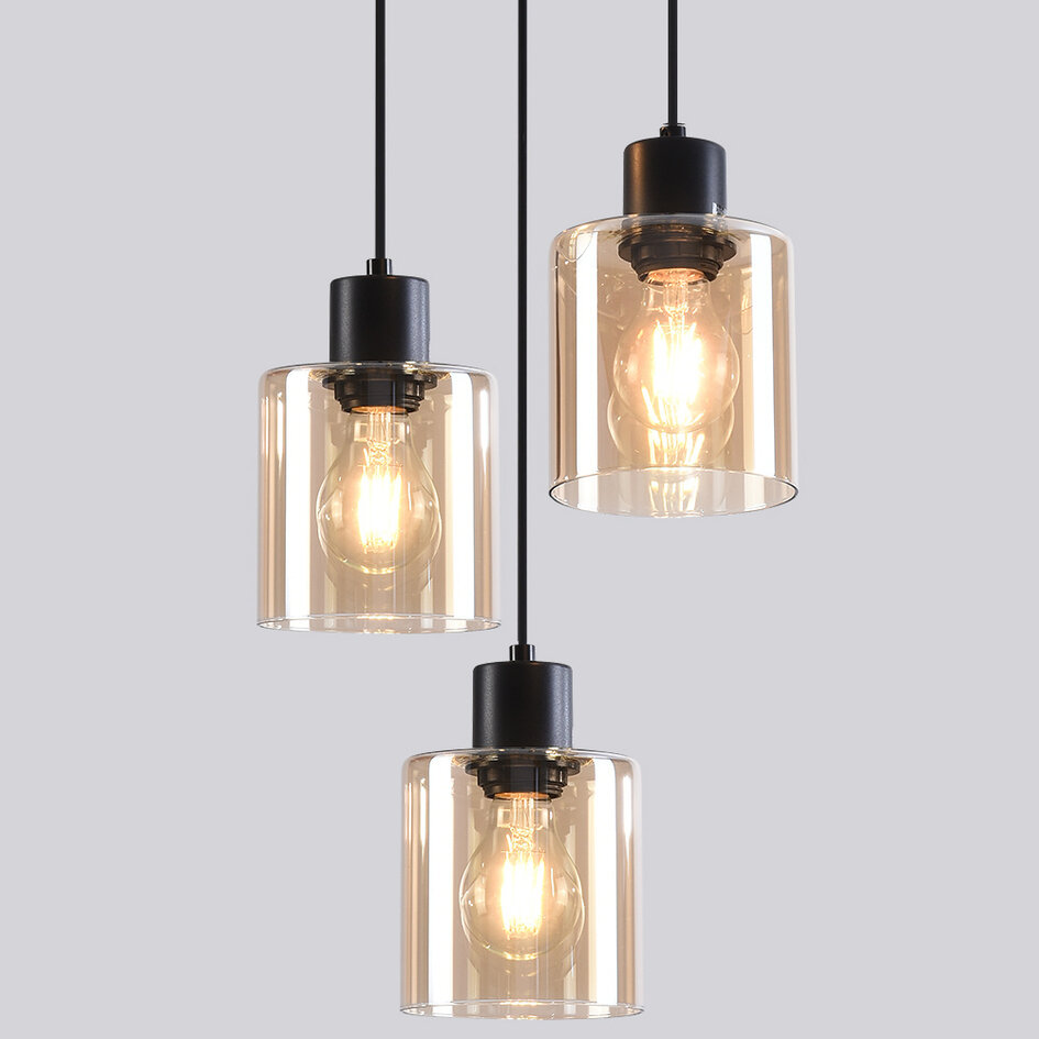 Pendellampa Pella med tre lampor - amberfärgat glas och svart