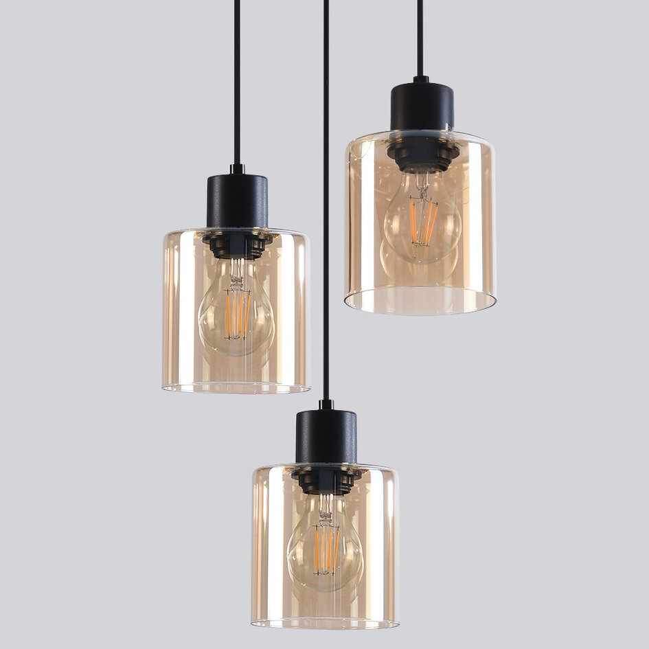 Pendellampa Pella med tre lampor - amberfärgat glas och svart