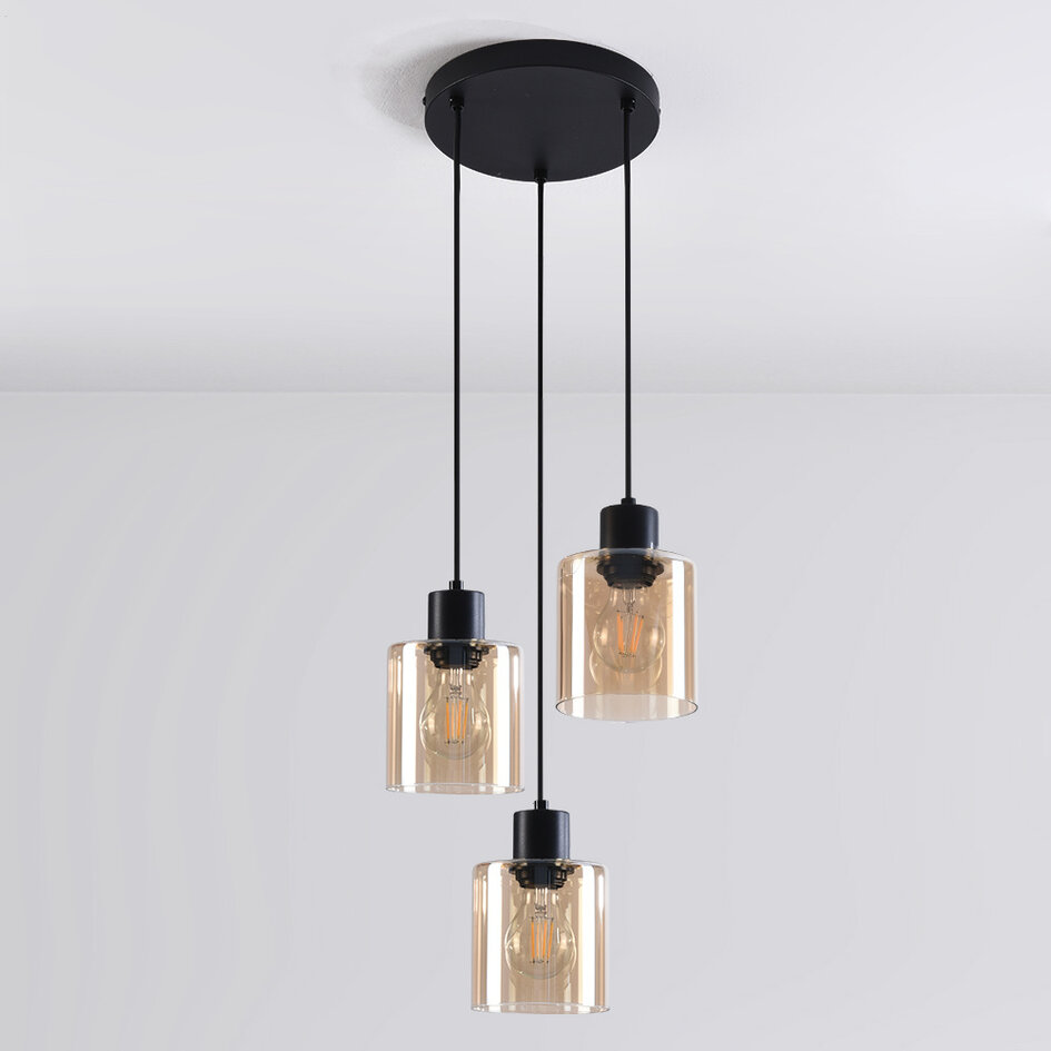 Pendellampa Pella med tre lampor - amberfärgat glas och svart