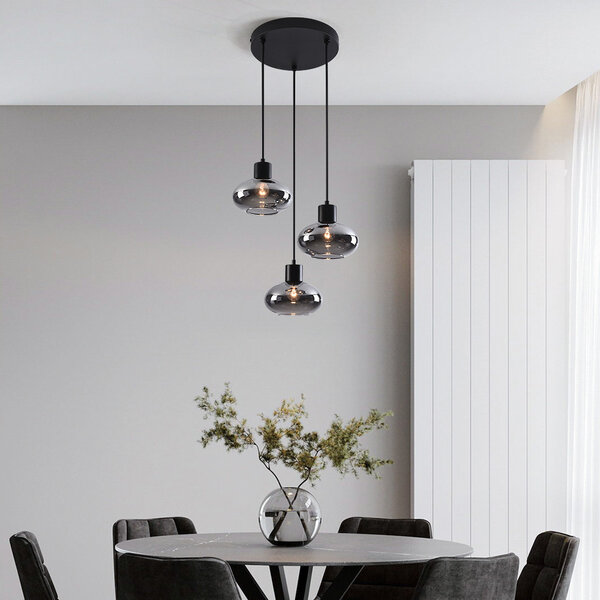 Modern pendellampa Vida med tre lampor - rökfärgat glas och svart