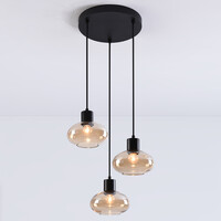 Modern pendellampa Vida med tre lampor - amberfärgat glas och svart