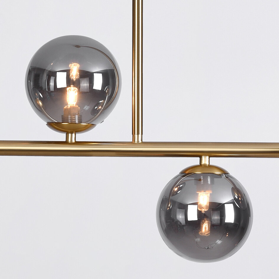 Pendellampa Asun med fyra lampor - rökfärgat glas och guld