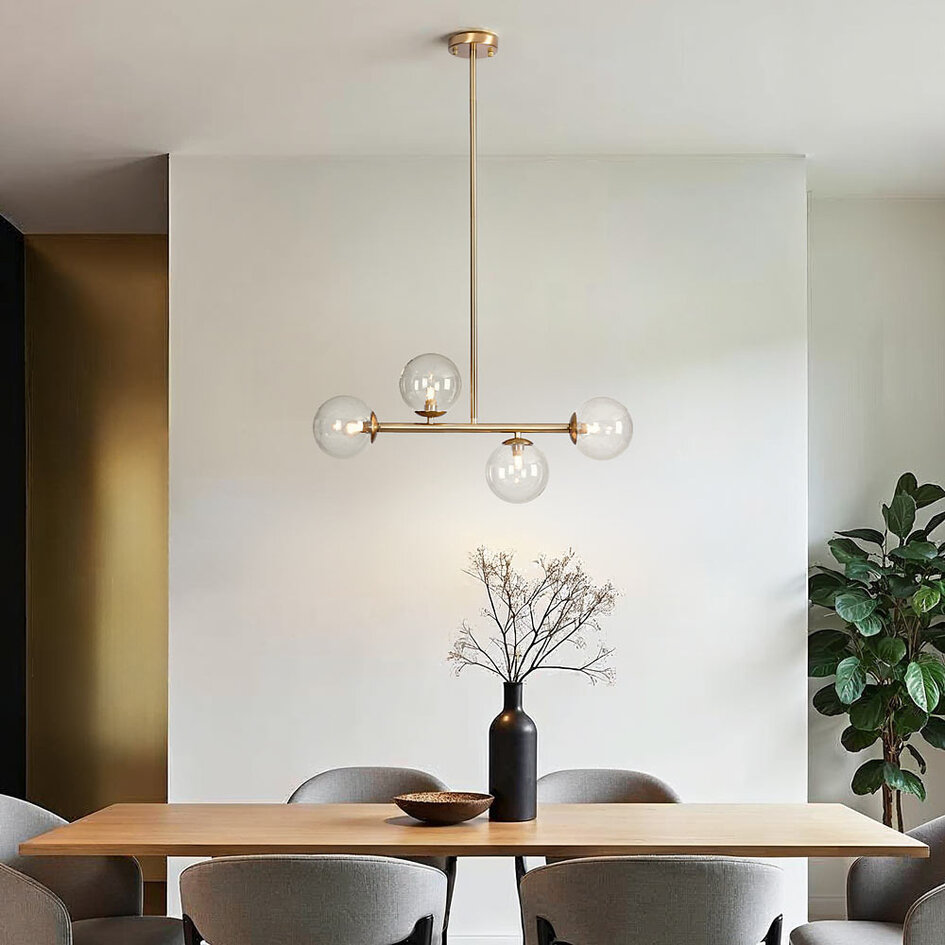 Pendellampa Asun med fyra lampor - transparent glas och guld