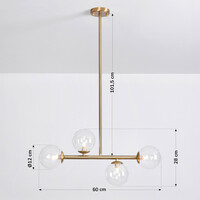 Pendellampa Asun med fyra lampor - transparent glas och guld