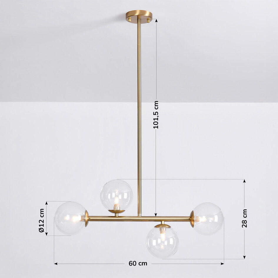 Pendellampa Asun med fyra lampor - transparent glas och guld