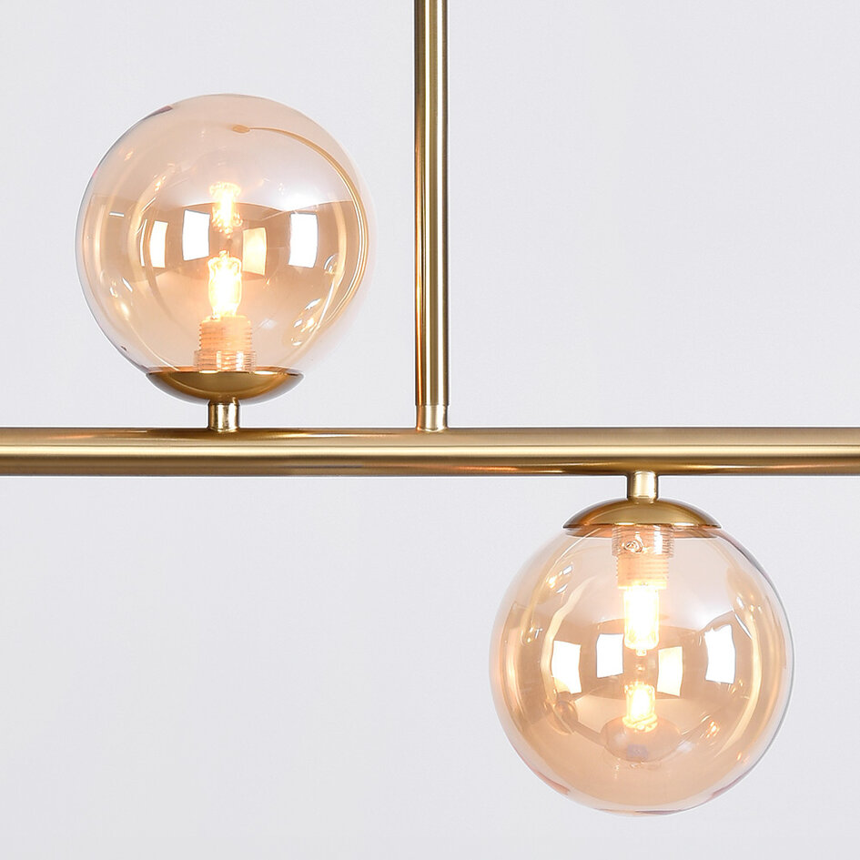 Pendellampa Asun med fyra lampor - amberfärgat glas och guld