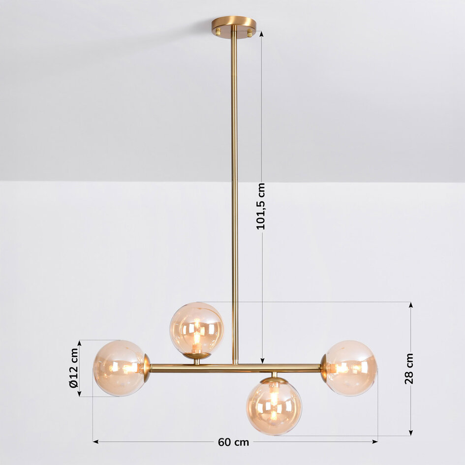Pendellampa Asun med fyra lampor - amberfärgat glas och guld
