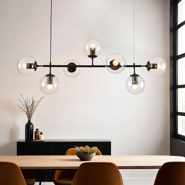 Design taklampa Hepta svart ram transparent glas