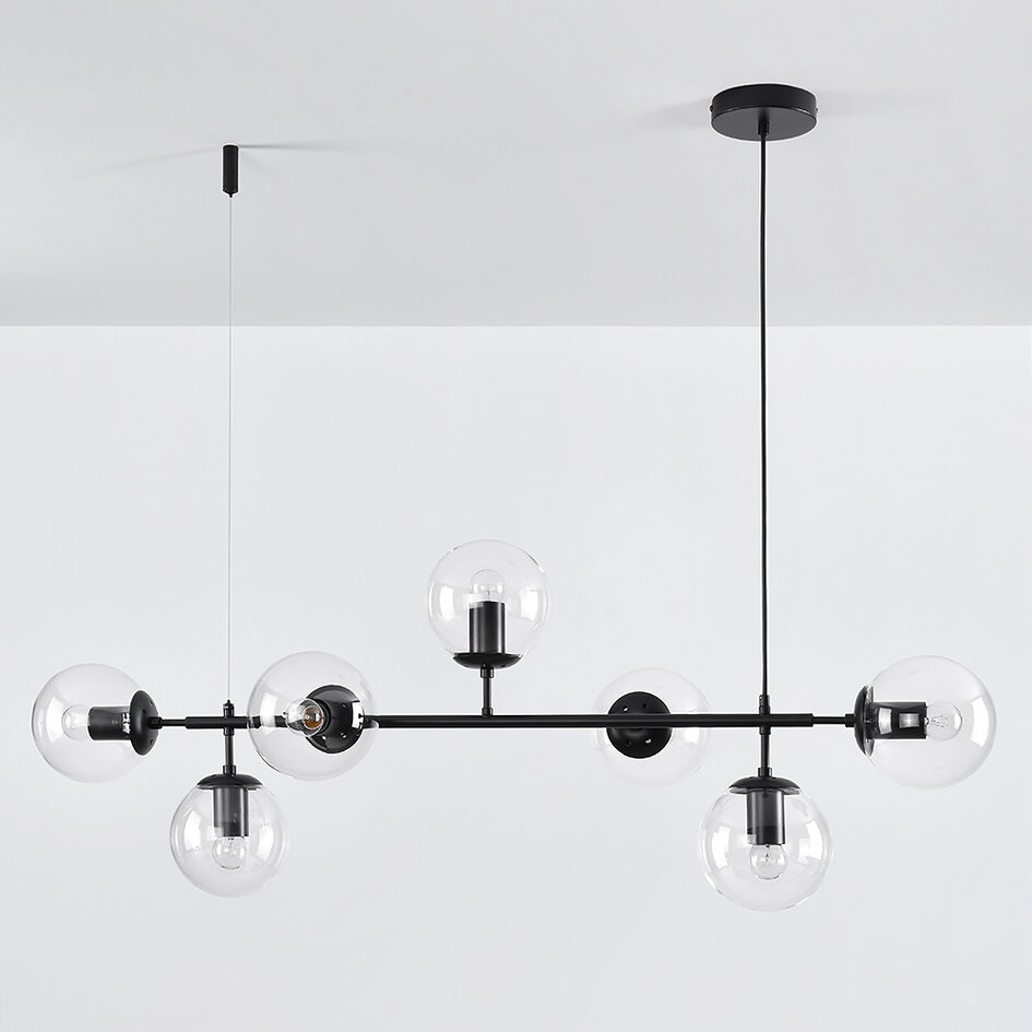 Pendellampa Hepta med sju lampor - transparent glas och svart