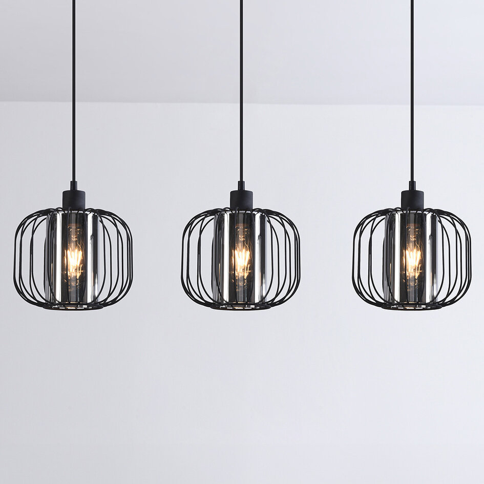 Pendellampa Dilan med tre lampor - rökfärgat glas med metallspjälor