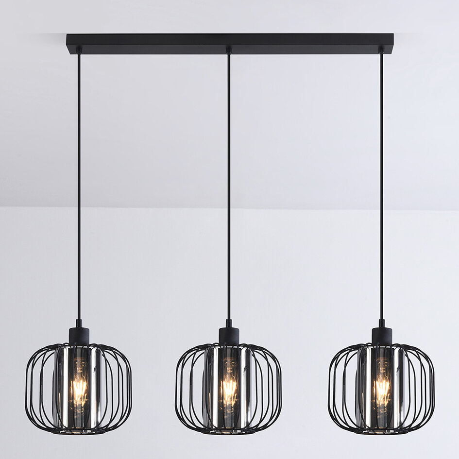 Pendellampa Dilan med tre lampor - rökfärgat glas med metallspjälor