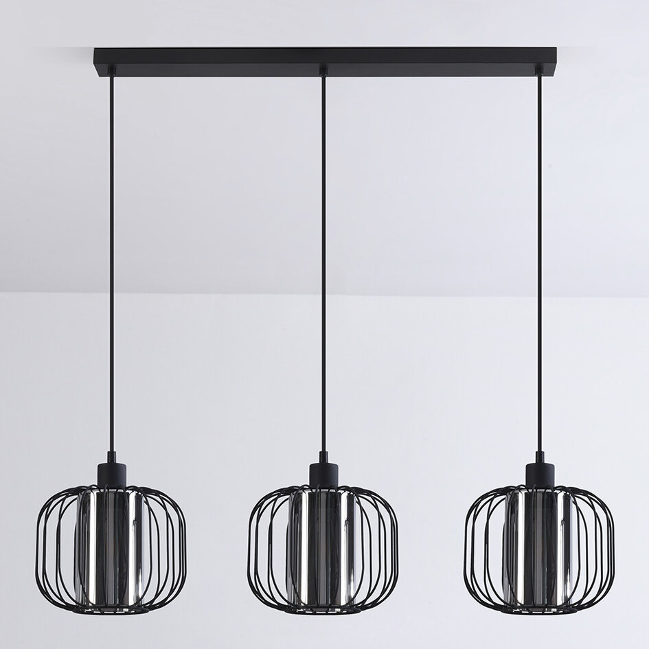 Pendellampa Dilan med tre lampor - rökfärgat glas med metallspjälor